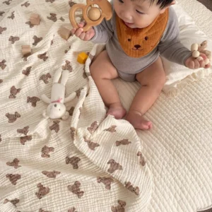 Bear Printed Baby Blanket Newborn Muslin Cotton Gauze Swaddle Wrap Bedding